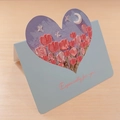 Detail of 3D oil painting heart card showing pink tulips and moon on light wood background - Tulips Under the Moon