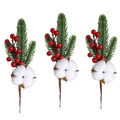Detailed view of Christmas berry stems with pine needles and natural white cotton - 18cm Cotton 3-Prong Pine Pick