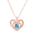 Collier cœur en or rose avec pierre de naissance bleue et gravure I Love You - Style Bleu Moyen (K-748)