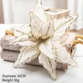 Detail view of 26cm white velvet poinsettia with gold glitter edges for Christmas tree decor - 26cm / White Gold Velvet Christmas Flower