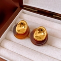 Vintage geometric earrings with gold irregular metal and brown resin accents - 50# Silver Pin Gold Coffee