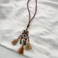 Detail of bohemian long necklace with flower pendant, wood beads, and soft tassels - Retro Petal Tassel Necklace / Colorful