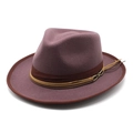 Detailed macro view of purple wool fedora with decorative ribbon and gold metal buckle - M(56-58cm) / Dark Purple