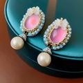 Macro detail of vintage bow earrings with pink gemstone and large hanging pearl drop - 18# Silver Pin-Purple-Blue