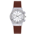 Silver quartz watch with white crystal bezel and brown silicone strap for men and women - Brown Strap White Dial