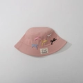 Close-up of pink children bucket hat featuring colorful bow ties and fabric brand label - Kids One Size / Light Pink