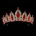 Luxurious bridal crown in KC gold finish with large red teardrop rhinestones - KC Gold + Red Rhinestone