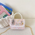 Pink tweed girls' crossbody bag featuring bow, pearl handle, and cute rabbit ornaments - Multicolor Rabbit