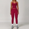 Conjunto de yoga para mujer con top halter y mallas de cintura alta en color granate - S / Rojo Frambuesa (Top+Leggings)