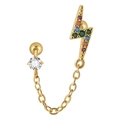 Golden double stud earring with colorful zircon lightning bolt and delicate chain - Gold Lightning Chain With Multi Zirconia (#14)