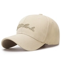 Adjustable beige washed cotton baseball cap with gold 3D cursive embroidery detailing - Adjustable / Deep Beige