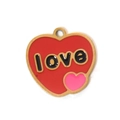 Red enamel heart charm with gold border and love lettering for DIY jewelry making - Red Love Dotted Heart