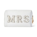 White faux leather MRS cosmetic bag with pearl rhinestone lettering and gold hardware - MRS / Small (17.5*11.5*7CM) / White