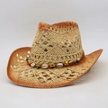 Hollow woven straw sun hat with shell bead band and gradient brim for beach summer - One Size Cowboy / Beige Brown (Gold Bead Crab)