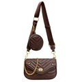 Dark brown quilted leather crossbody bag with gold chain and round coin purse accessory - Upgraded / Dark Brown
