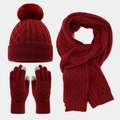 Detailed close-up of dark red cable knit winter set showing touch-screen fingertips - Burgundy