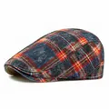 Classic blue and red plaid beret cap in washed cotton with vintage stitch details - Adjustable / Navy Blue Red Plaid