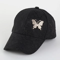Close-up of black lace baseball cap with shimmering rhinestone butterfly decoration - L (58-60cm) / Black