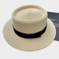 Straw boater hat with a wide black ribbon band for women's summer beach sun protection - Beige with Black Ribbon