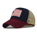 Close-up of the USA flag embroidery and navy blue front on the trucker cap - Adjustable / USA Flag Wine Red & Navy