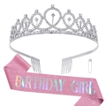 Fascia rosa glitter Birthday Girl con set tiara di cristalli per festa compleanno - BIRTHDAY GIRL Set Rosa