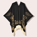 Women's vintage knit poncho with golden jacquard patterns and beige fringed hem - 130x150cm / Pullover Colorful Bird Black Coffee