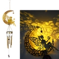 Solar powered gold crescent moon wind chime with fairy silhouette and LED garden light - Moon Elf Wind Chime