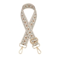 Detail of adjustable geometric ethnic woven bag strap with golden metal hardware - V-23 Light Blue Matcha Green Dots