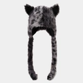 Plush faux fur animal hat with black and grey stripes and cute long ear flaps - Gray