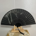 Traditional black bamboo folding fan with bamboo and dragonfly prints and black tassel - High Integrity (Black, Heat Transfer)