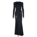 Detail of slim fit high neck black maxi dress with diagonal faux leather straps - XS / Black