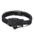 Men's black stainless steel double-row woven chain bracelet with 3D wolf head relief - Black (KB143650-KFC)
