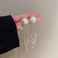 Eleganti orecchini nappa in argento S925 con perle bianche e strass scintillanti - Frangia a Goccia Perla e Strass Argento (E0206)