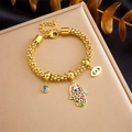 Goldenes Titanstahl-Perlenarmband mit Hamsa-Hand und Evil Eye-Anhänger auf Goldbox - Hamsa-Hand-Dämonen-Auge-Stil (B1224)