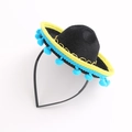 Mini Mexican sombrero headband in black felt with yellow trim and blue pom pom fringe - Black Felt-Blue Pompoms