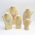 Silver necklace collection with colorful crystals on beige mannequin display stands - Mini Size Height 19cm / Linen Yellow