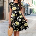Women's black floral print layered dress with ruffled sleeves and yellow flower patterns - S / Tops / Black Yellow Flower