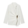 Close-up of golden metal buckle detail on a white structured blazer jacket - White Top