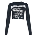Close-up of black long sleeve crop top featuring punk belt pattern and knit texture - S / Black Top