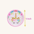 Detail of 9-inch pink scalloped paper plate with rainbow unicorn and floral design - Large Rainbow Unicorn Plates