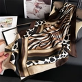 70cm leopard and zebra print silk scarf with geometric color block and gold chain border - Coffee