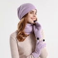 Purple winter knit set with beanie, scarf, and touchscreen gloves for warm comfort - Purple