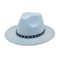 Close-up of light blue wool fedora featuring black leather band with silver metal studs - Sky Blue