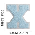 Macro detail of 7cm blue chenille letter X patch showing soft texture and dimensions - Letter X / Light Blue