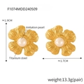 Macro detail of textured gold petal earrings with white shell pearl and dimensions - F1074-Brushed 4-Petal Flower / Gold