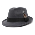 Detail of dark grey wool fedora featuring a black grosgrain band and natural feather accent - M (56-58cm) / Dark Gray