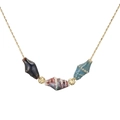 Golden chain necklace featuring colorful ceramic conch shell pendants and faceted beads - Blue Brown Combo