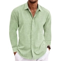 Men's loose fit light green linen shirt with long sleeves and button-down collar design - Green