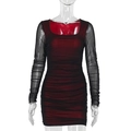 Detail view of red and black gradient mesh mini dress with elegant ruched long sleeves - M / Dark Red