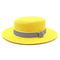 Detail of yellow straw boater hat featuring a classic black and white striped ribbon band - M (56-58cm) / Yellow